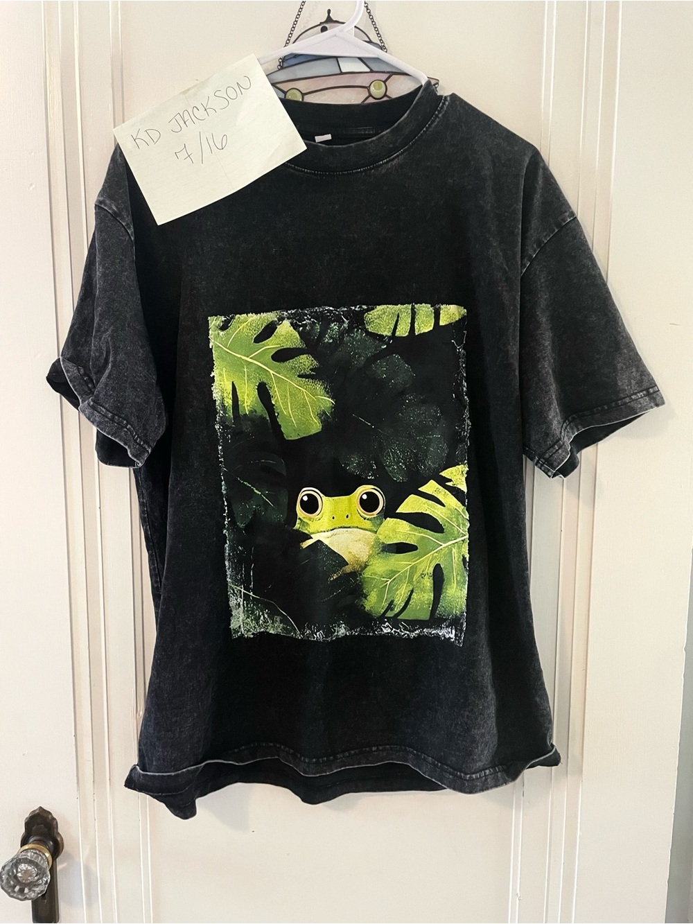 Black Tee with Green Frog & Tropical Leaf Graphic